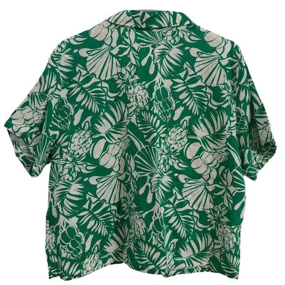 Nicole Miller Linen Top Women's LARGE Button Up Shirt Short Sleeve Floral Green - Picture 2 of 5